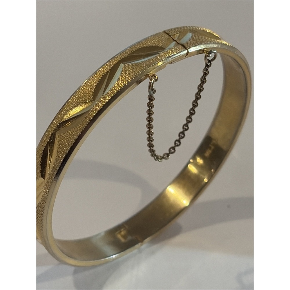 Vintage 18K RGP Rolled Gold Plate Hinged Bangle Bracelet Diamond Cut Chevron